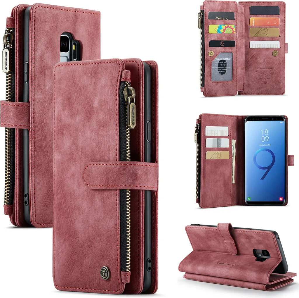 Custodia Galaxy S9, custodia in Finto cuoio con cerniera, chiusura magnetica, tasca per carte, supporto, portafoglio, custodia protettiva per Samsung Galaxy S9 rosso