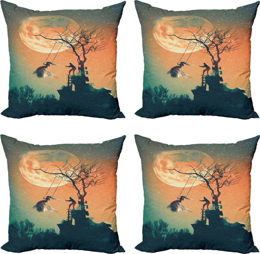 ABAKUHAUS Fantasy World Kissenbezug Set (4 Stück), Zombie-Braut-Bräutigam, Moderner Doppelseitiger Digitaldruck, 60 cm x 60 cm, Orange Teal