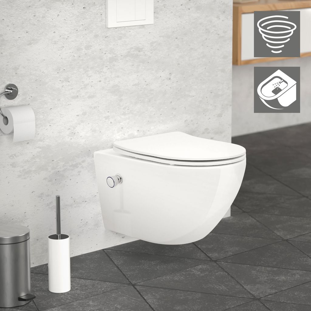 LuxeBath Spülrandloses Wand Hänge-WC mit Bidet-Funktion, Weiß, lang, Tornadospülung