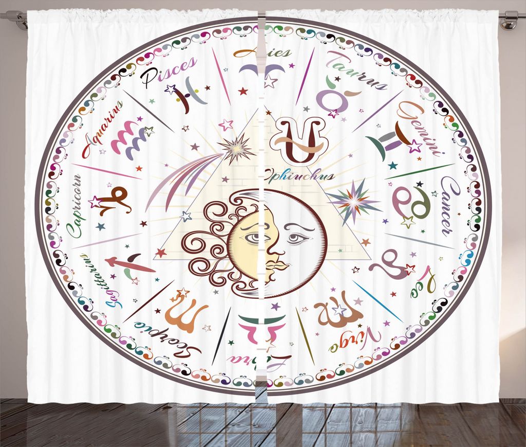 ABAKUHAUS Tierkreis Rustikaler Gardine, astrologische Horoskop, Schlafzimmer Kräuselband Vorhang mit Schlaufen und Haken, 280 x 175 cm, Mehrfarbig