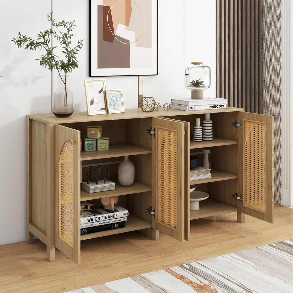 A wooden sideboard with rattan doors in a room setting.