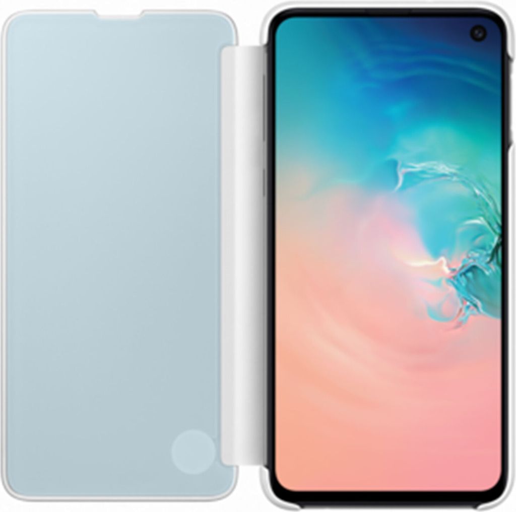 A white book-style phone case is open, revealing a smartphone screen displaying a colorful wallpaper. The case is on the left, and the phone is on the right.