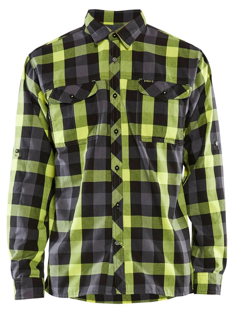 Blakläder Flanellhemd 3299, Farbe:Schwarz/High Vis Gelb, Größe:XL