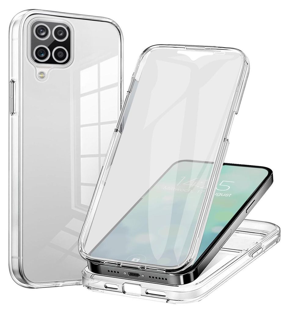 A clear protective phone case is shown from multiple angles, with one case encasing a smartphone.