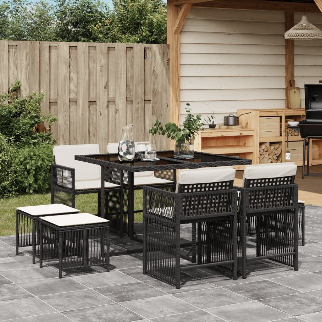 9-tlg. Garten-Essgruppe mit Kissen Schwarz Poly Rattan, Gartenmöbel-Sets 2024 Neu