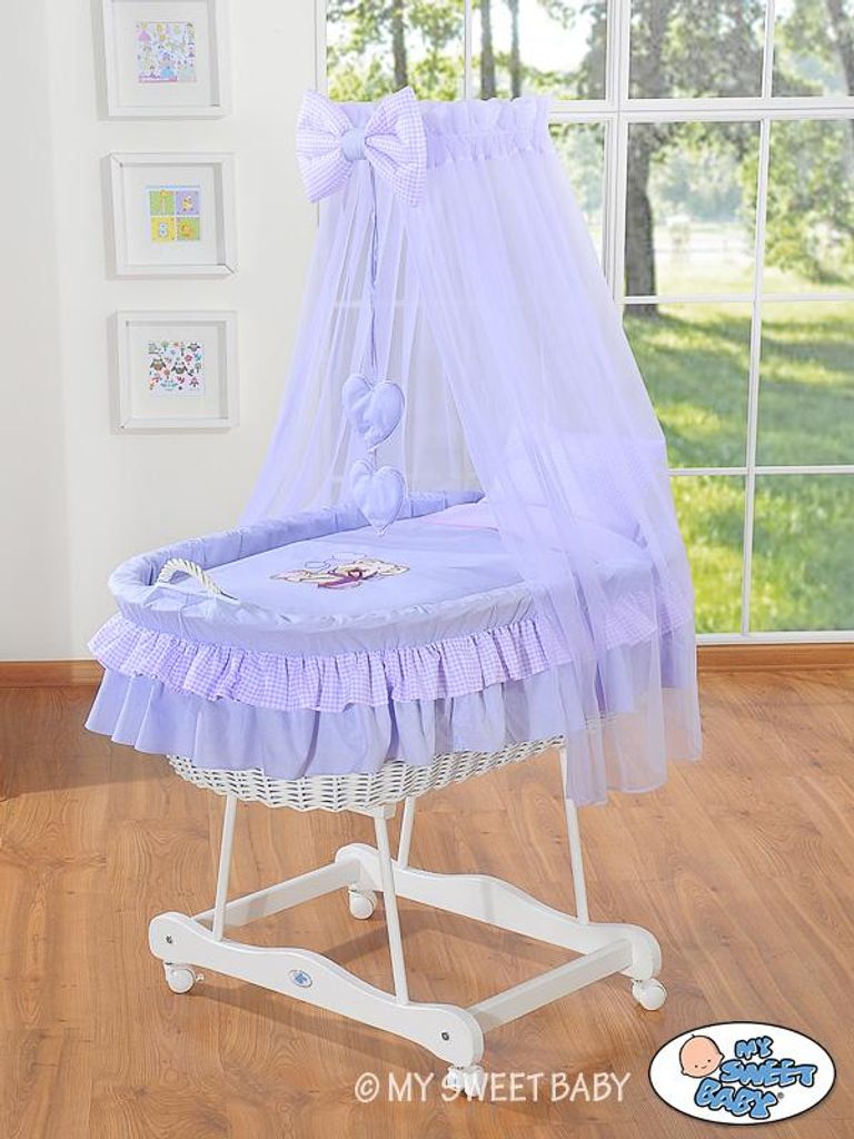 MY SWEET BABY Korb aus Naturfaser Weiß für Säuglinge mit Holzuntergestell und PREMIUM Matratze