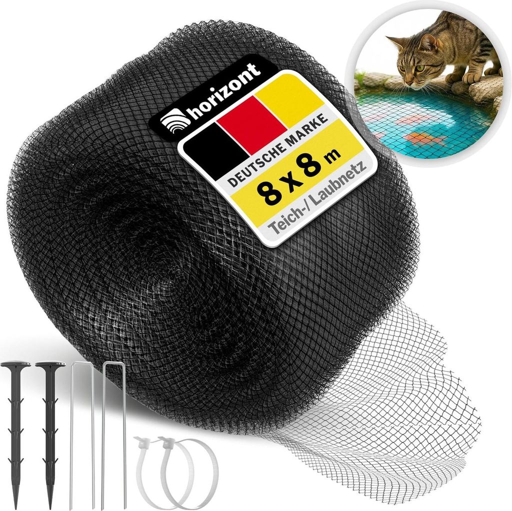 Teichnetz feinmaschig - 18 x 18 mm | 8x8 m | Schutznetz gegen Reiher, Laub und Tiere, UV-beständig, inkl. Befestigungsset