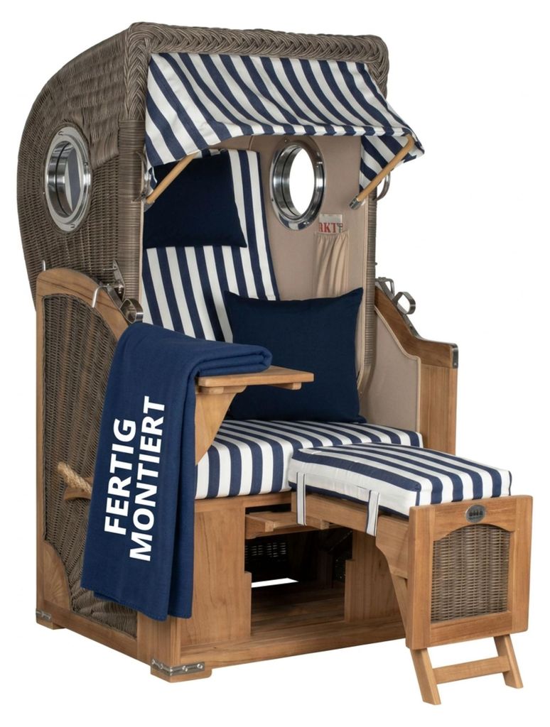 Strandkorb Düne Single Teak PE Grey 1-Sitzer Volllieger mit Bullaugen wetterfest und robust