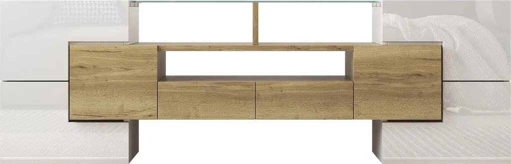 Buffet TV bas blanc et doré avec LED - Style moderne 145×30 cm