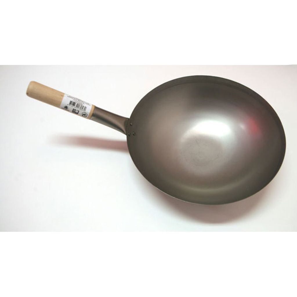 A wok with a wooden handle is shown on a white background.