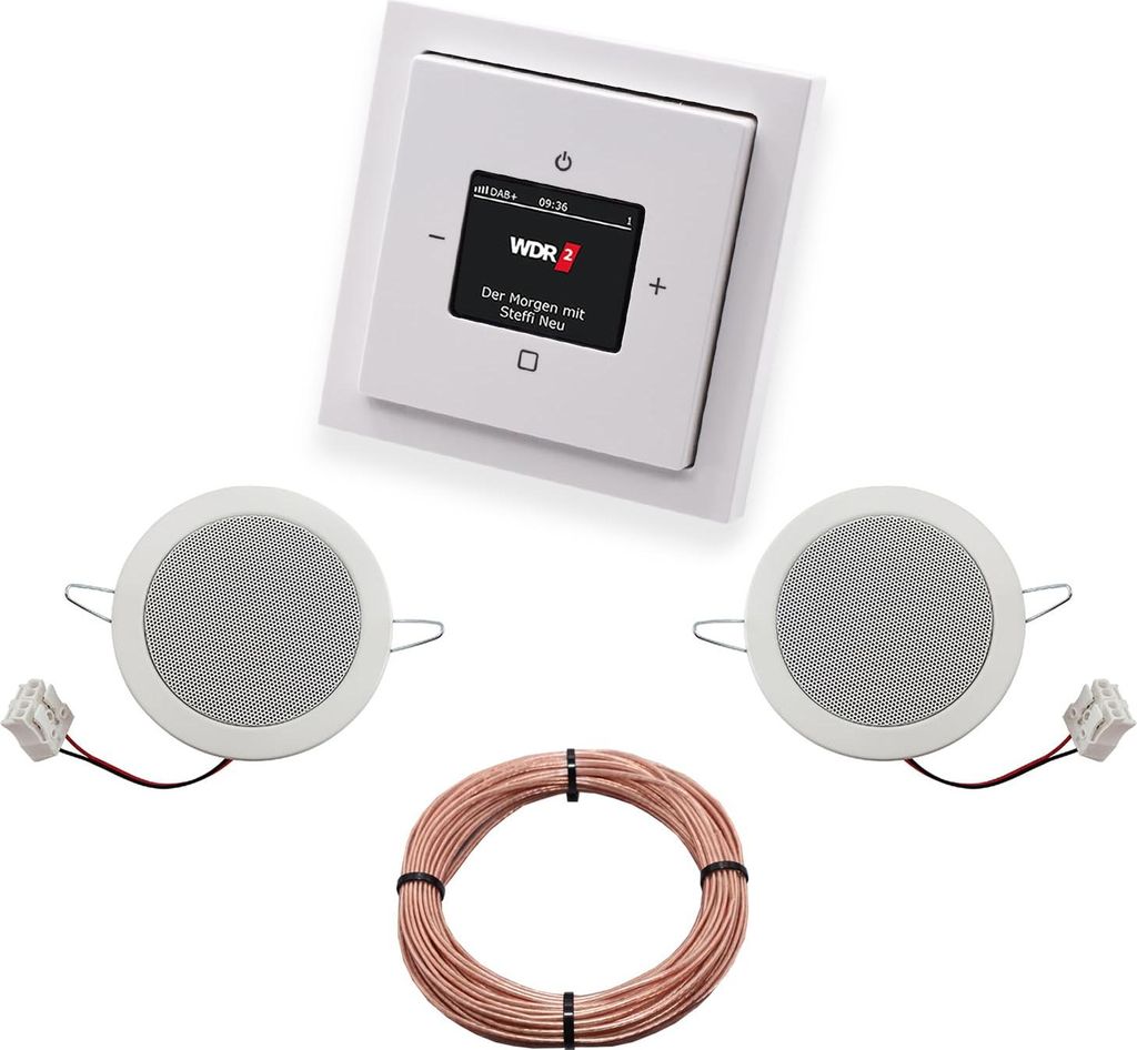 Busch Jäger DAB+ (DAB PLUS) Unterputz Radio 8215U-101 Future Linear Studioweiß, Komplett-Set mit 2 x Deckenlautsprecher Einbaulautsprecher + 20 m...