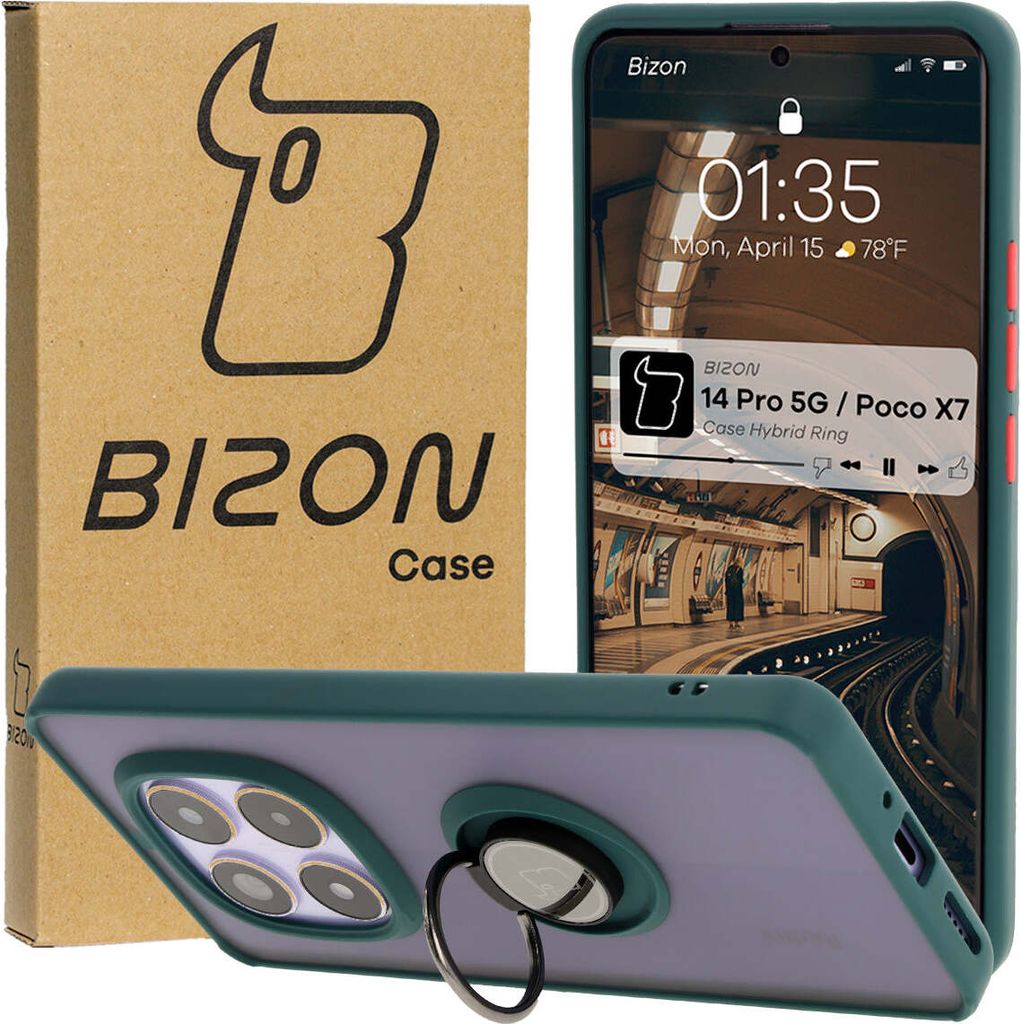 Bizon Case Hybrid Ring Fingerring Hülle für Xiaomi Redmi Note 14 Pro 5G / Poco X7, Rauch mit dunkelgrünem Rahmen