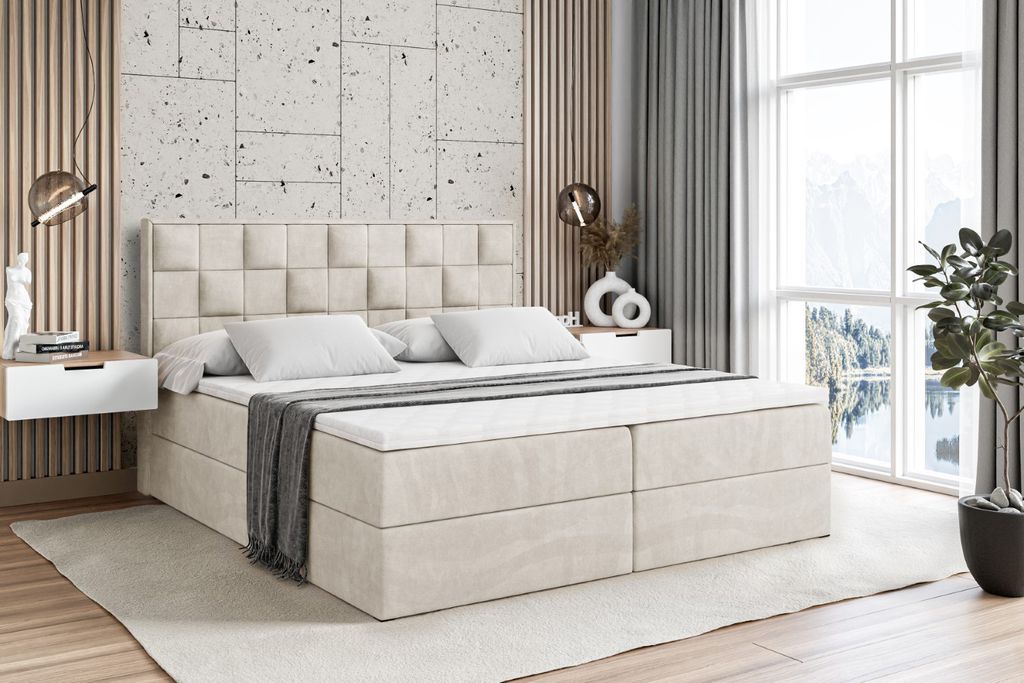 ALTDECOR Boxspringbett mit H4 Matratze und Topper - 200 x 200 cm - ZAFIRA - Beige Samt - Polsterbett mit Bettkasten und Lattenrost, Bett mit Stauraum