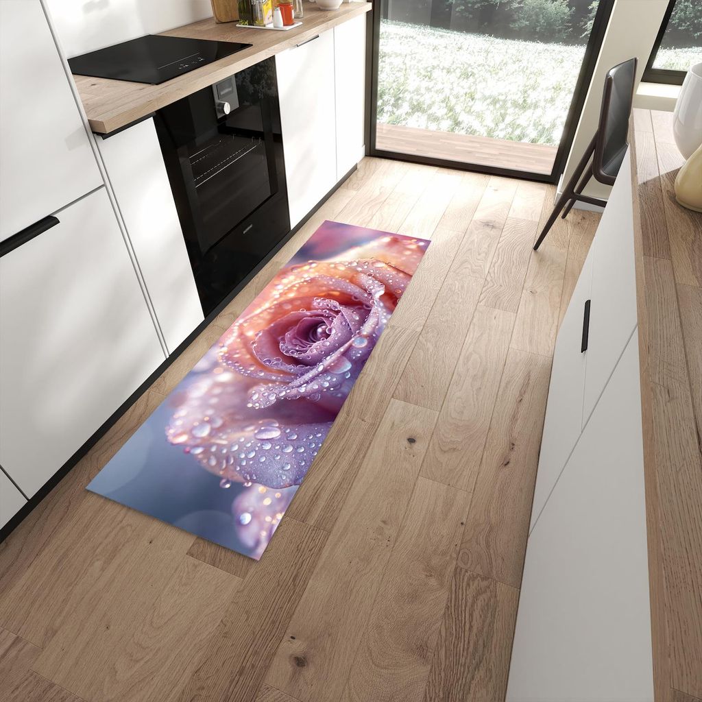 Küchenteppich 60x180cm rutschfest & abwischbar PVC Läufer - Nasser Blumenglanz