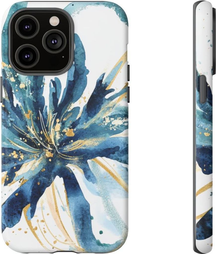 Abstraktes Blumenmuster in Blau mit goldenen Akzenten – Hülle Kompatibel mit iPhone 14 Pro Max