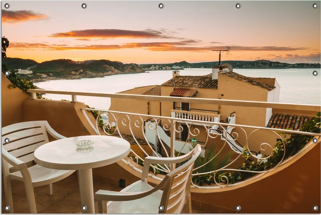 Wallario Outdoor-Poster für Garten oder Balkon, Motiv Sommer in Spanien - Ausblick von einer schönen Terrasse auf das Meer, in ca. 120 x 180 cm