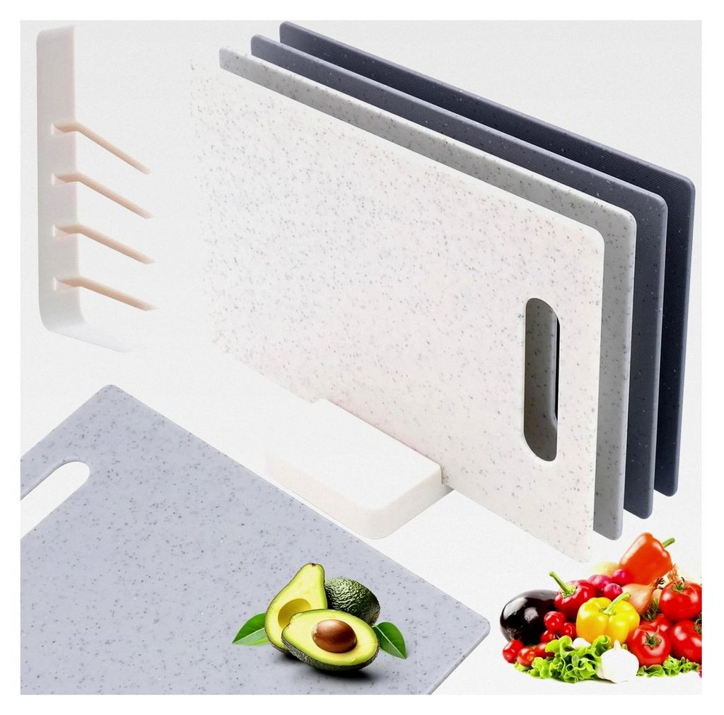 Schneidebrett Set mit 4 rutschfesten Kunststoffbrettern und Aufbewahrungsständer, Professionelles Frühstücksbrettchen 28 x 18 cm, BPA-frei, Spü...
