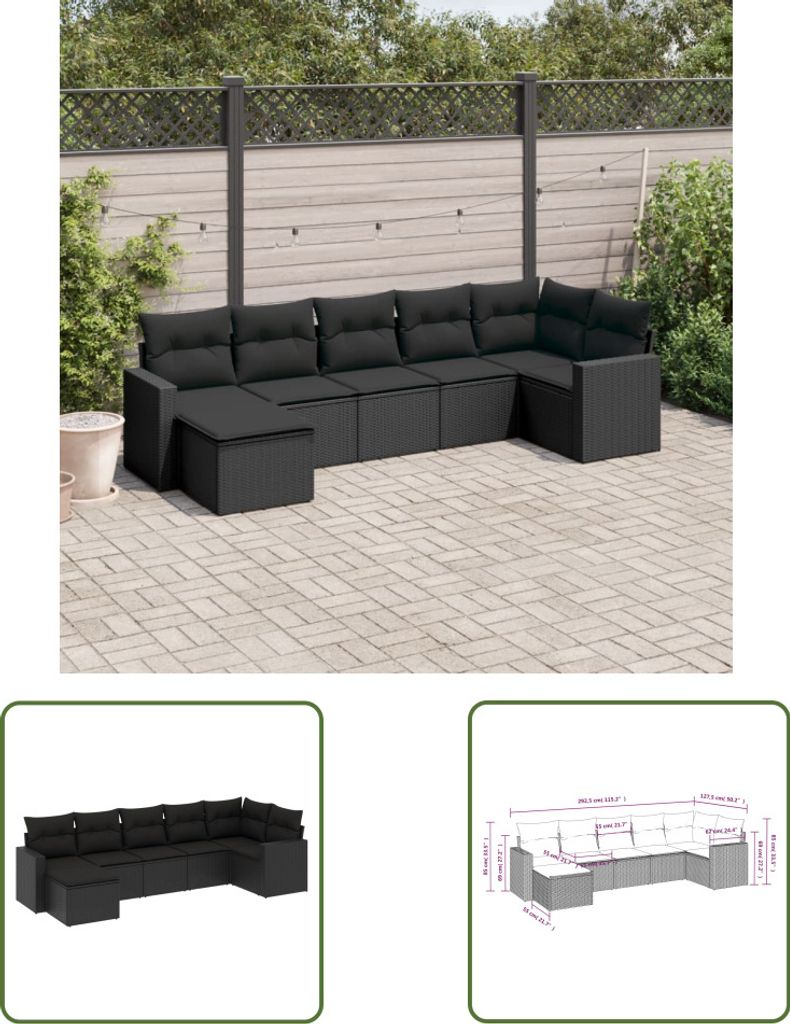 The Living Store 7-tlg. Garten-Sofagarnitur mit Kissen Schwarz Poly Rattan