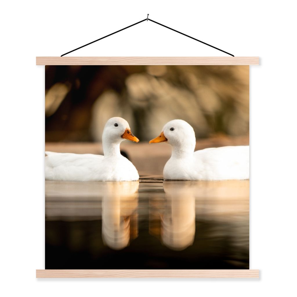 MuchoWow Textilposter Ente - Weiß - Tiere - Wasser - Vogel - Enten 120x120 cm mit holzfarbenen Rahmen - Textil-Poster