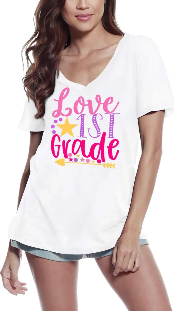 Damen Grafik T-Shirt V-Ausschnitt Liebe 1 Klasse – Love 1st Grade – Öko-Verantwortlich Vintage Jahrgang Kurzarm Lustige Druck Geburtstag Gesch...