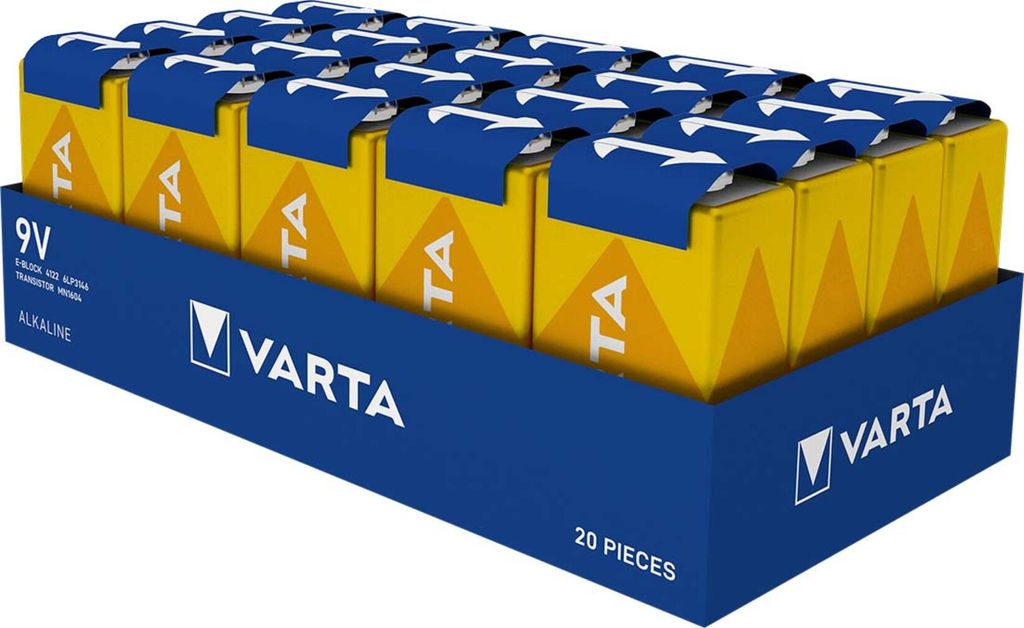 A display box of Varta 9V alkaline batteries.