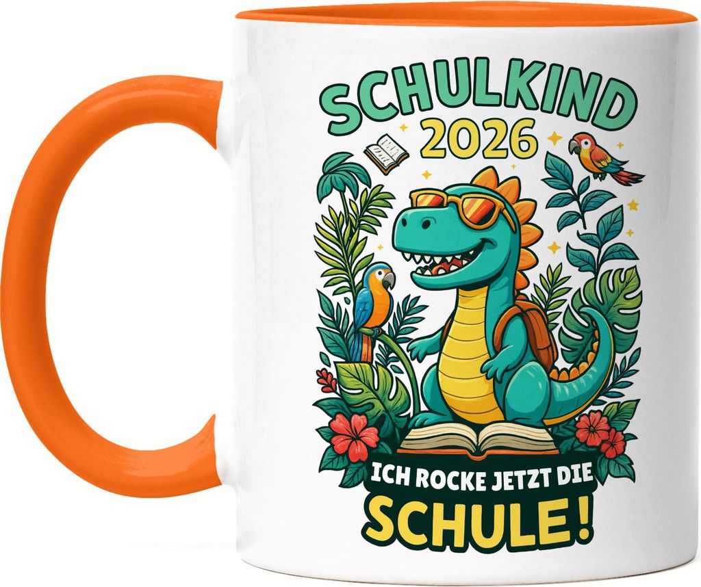 Schulkind 2026 Dino Tasse Orange Ich rocke jetzt die Schule Einschulung Geschenk Erstklässler Kinder cooles Motiv