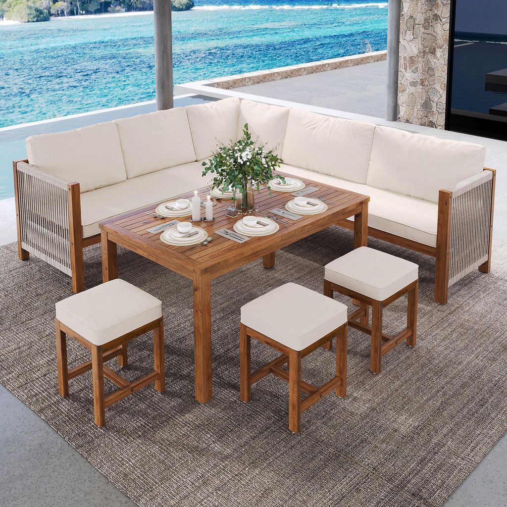 Gartenmöbel Lounge Set für 7–8 Personen in Beige+Natur, Akazie, Polyrattan, Ecksofa, Tisch, Hocker und Kissen, ideal für Garten & Terrasse