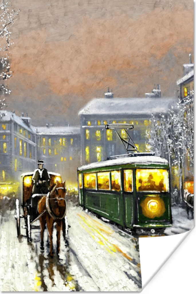 MuchoWow Poster Gemälde - Ölgemälde - Winter - Straßenbahn - Pferd 20x30 cm - Papierdruck