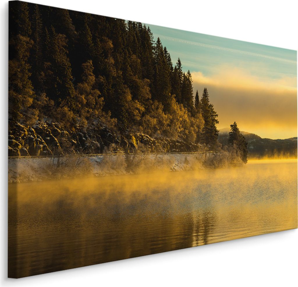 Fabelhafte Canvas LEINWAND BILDER 120x80 cm XXL Kunstdruck Berge See Bäume Nebel Natur