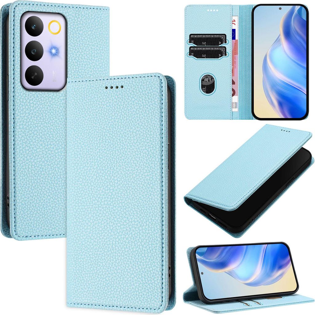Litchi Leder Handyhülle für Realme C85 Pro Wallet Kartenfächer Standfunktion Hülle Hellblau
