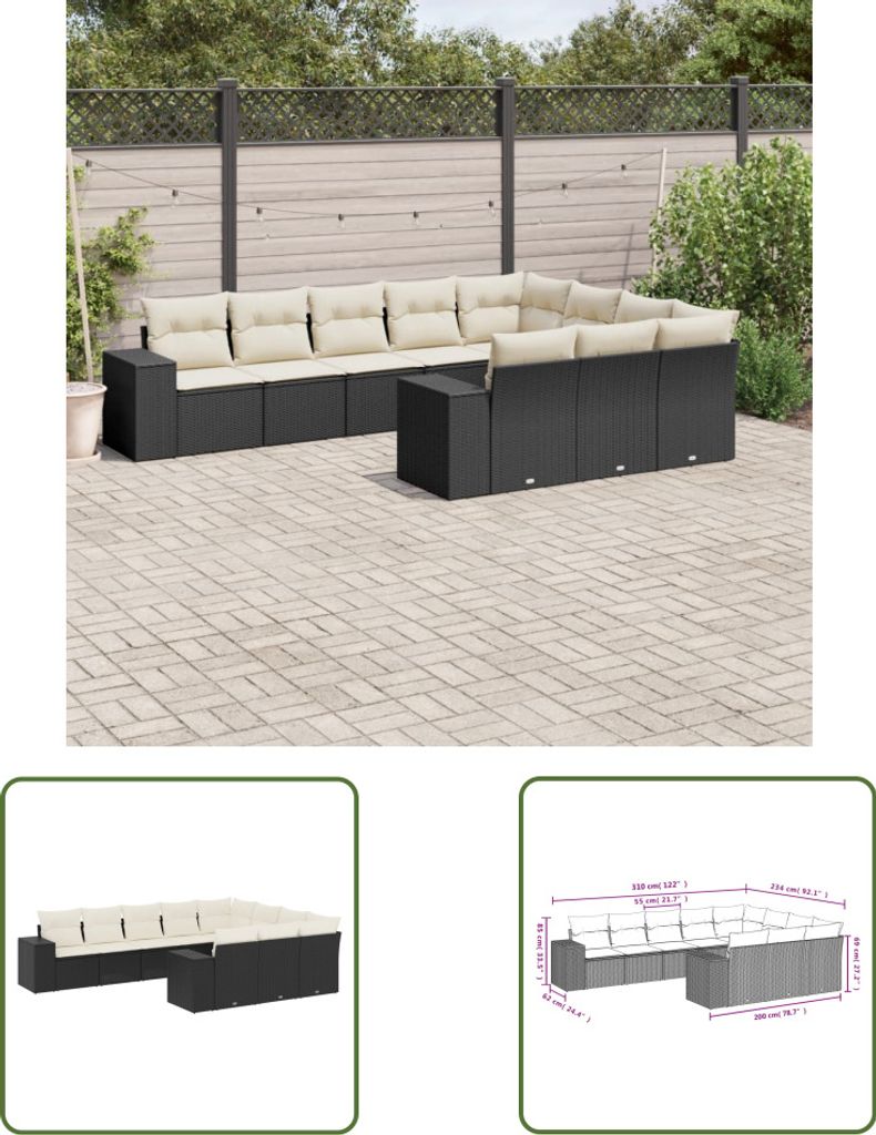 The Living Store 10-tlg. Garten-Sofagarnitur mit Kissen Schwarz Poly Rattan