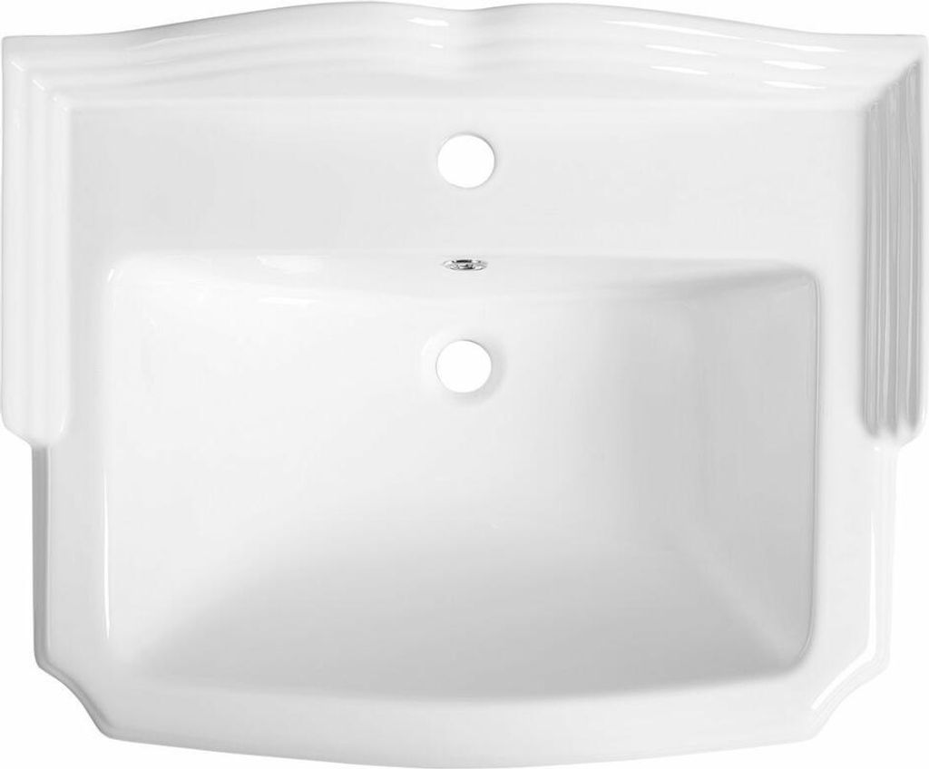A top-down view of a white ceramic sink.