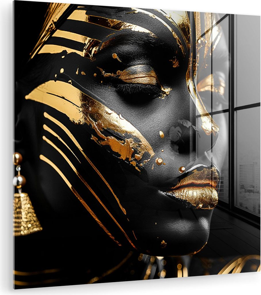 MuchoWow Glasbilder - Bilder auf Wandbild - Foto auf Glas Frau - Gold - Schwarz - Porträt - Modern - Abstrakt 20x20 cm Wanddekoration aus Glas - A...