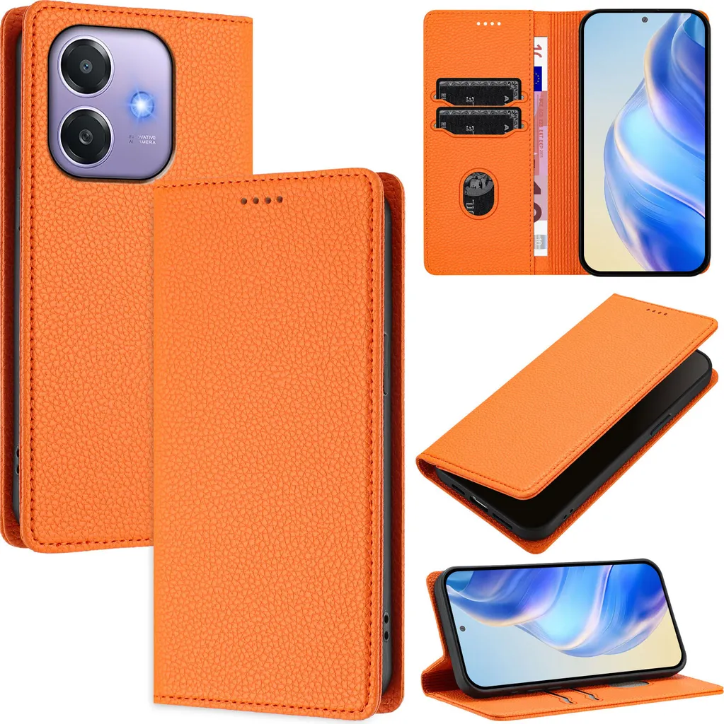 Custodia Pelle Oppo A3X/A3/A40/A60 Wallet Arancione Litschi