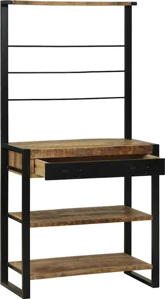 Étagère de cuisine en bois de manguier massif marron et acier noir stable