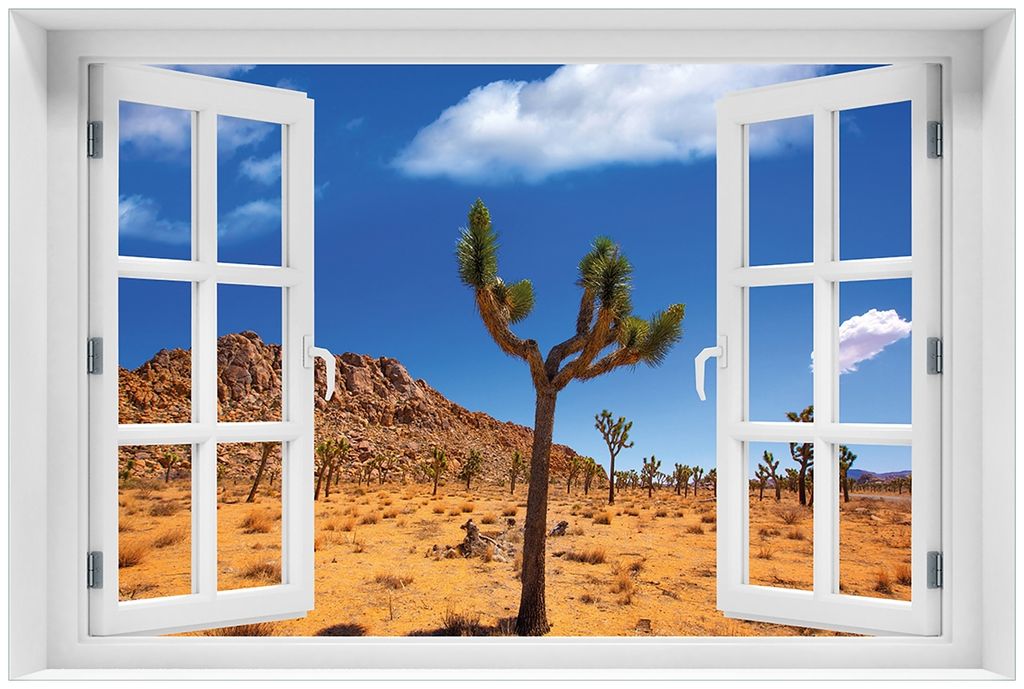 Wallario Premium Glasbild mit Fensterrahmen, freischwebende Optik, kräftige Farben, Größe 60 x 90 cm Motiv Palmlilie im Nationalpark Yucca Valle...