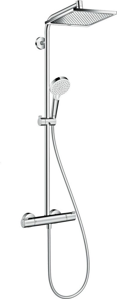 A chrome showerpipe with a thermostatic mixer, a rain showerhead, and a handheld showerhead.