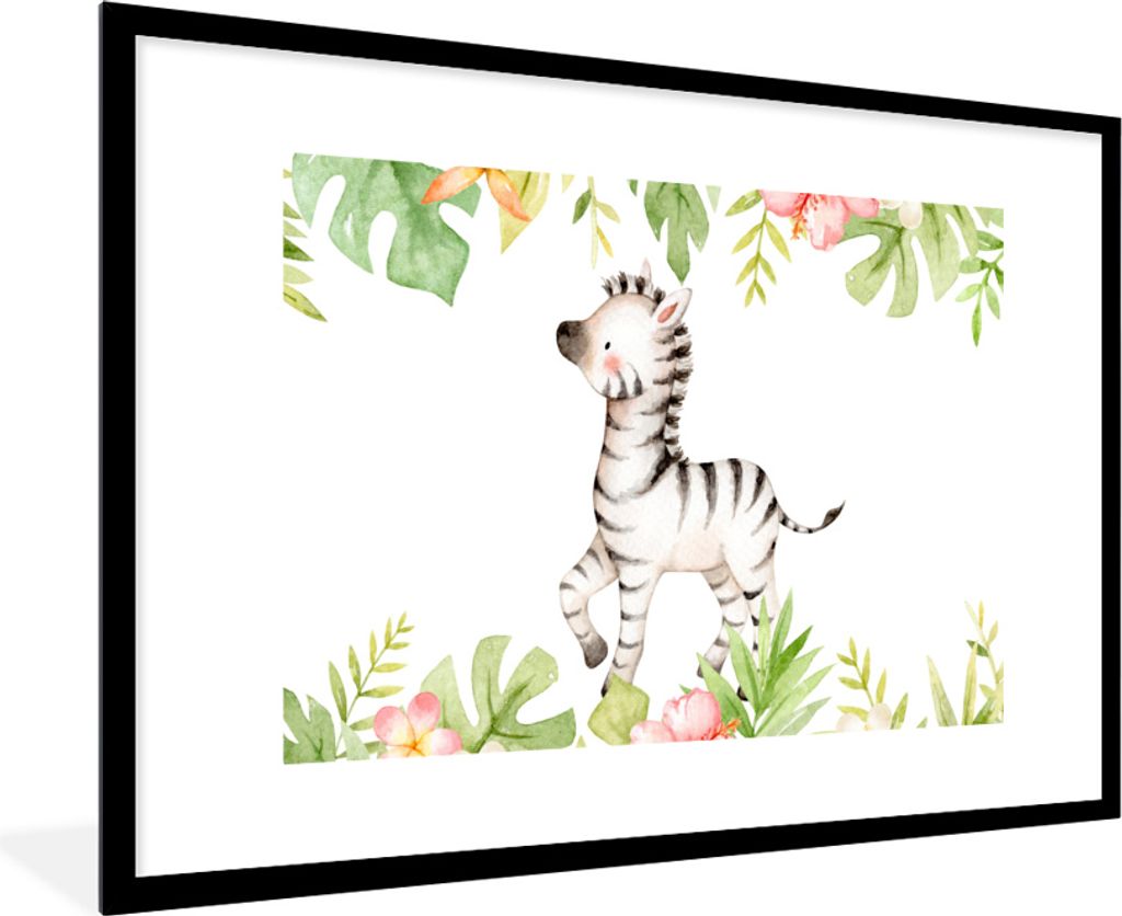 MuchoWow MuchoWow Gerahmtes Poster Zebra - Blumen - Dschungel - Aquarell 90x60 cm - Poster mit zchwarzem Bilderrahmen - Wanddekoration - Fotos