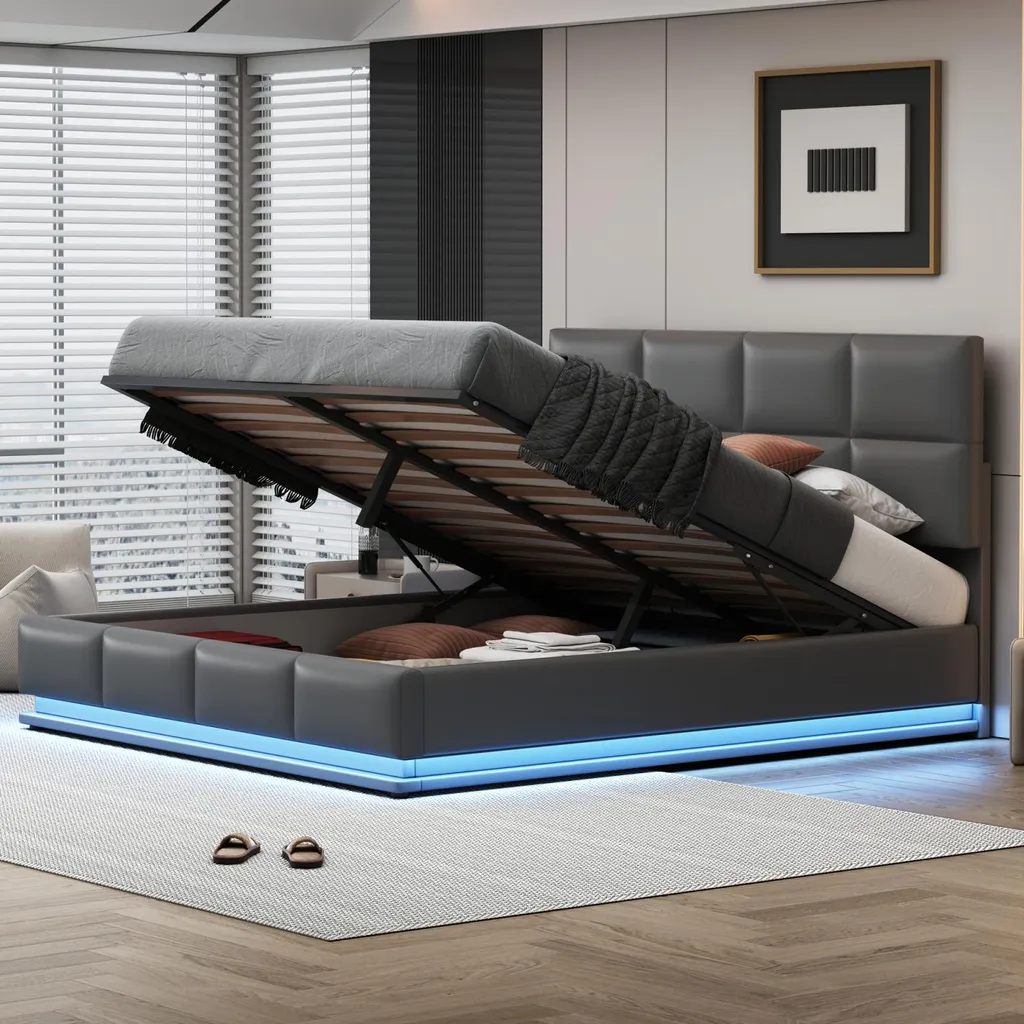 Lit double 180x200 avec coffre de rangement et tête de lit à LED