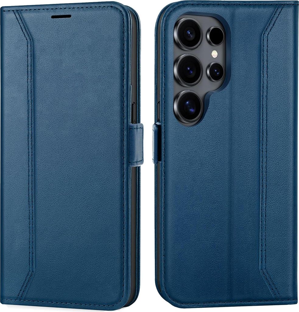 A blue flip case for a Samsung Galaxy S25 Ultra phone, shown from the front and back.