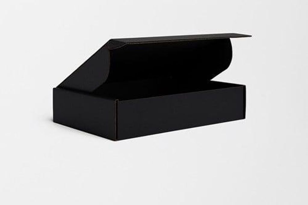 A black cardboard box with its lid open, shown on a white background.