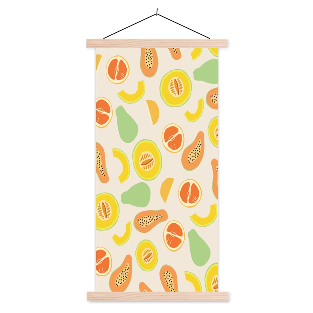 MuchoWow Textilposter Obst - Muster - Melone 40x80 cm mit holzfarbenen Rahmen - Wohnzimmer
