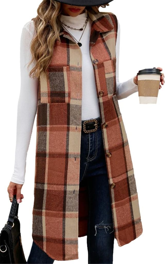 ASKSA Damen Lange Kariertes Weste Revers Frauen Winter Jacke Warm Baumwolle aermellos Tartan Freizeitjacke Winterweste (Orange,XL)