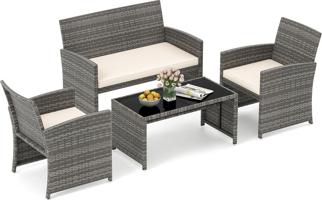 COSTWAY Polyrattan Gartenmöbel Set, Outdoor Lounge Möbel, Sitzgruppe mit 2 Stühlen, Bank, Tisch & Kissen, Terrassenmöbel, Gartengarnitur Beige