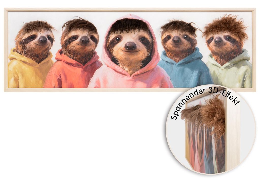 UNUS Wandbild 3D Wall Art Hairfusion Faultiere mit bunten Hoodies 120x40