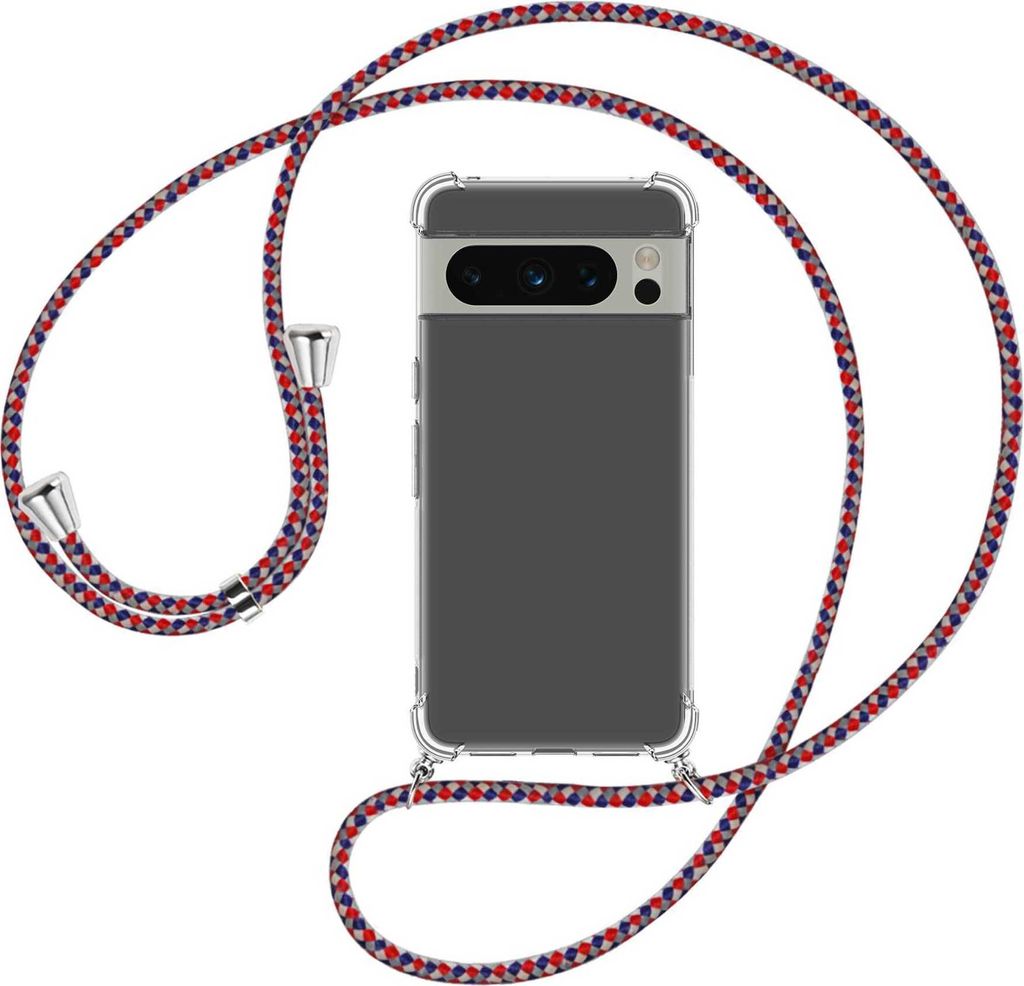 Handykette Backcover-Schutzhülle mit Band (Metall silberfarben) für Google Pixel 8 Pro (6.7'') - silber/blau/rot