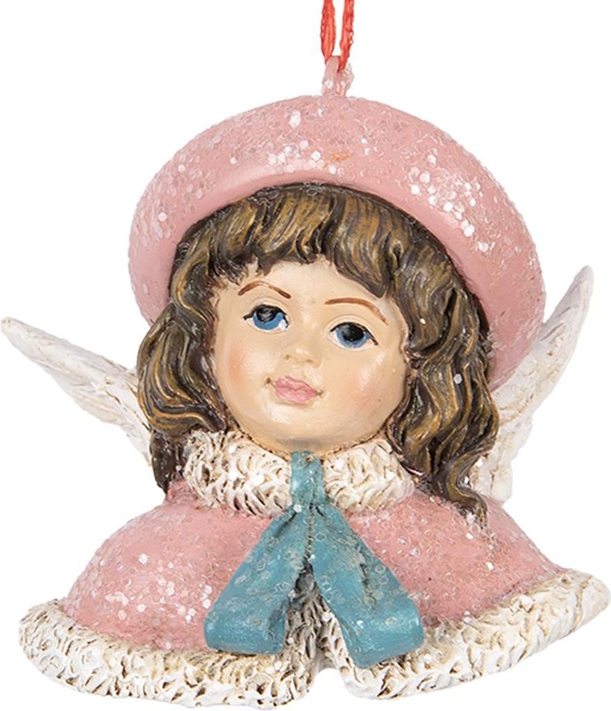 Clayre & Eef Weihnachtsanhänger Engel 8x7x7 cm Rosa Kunststoff