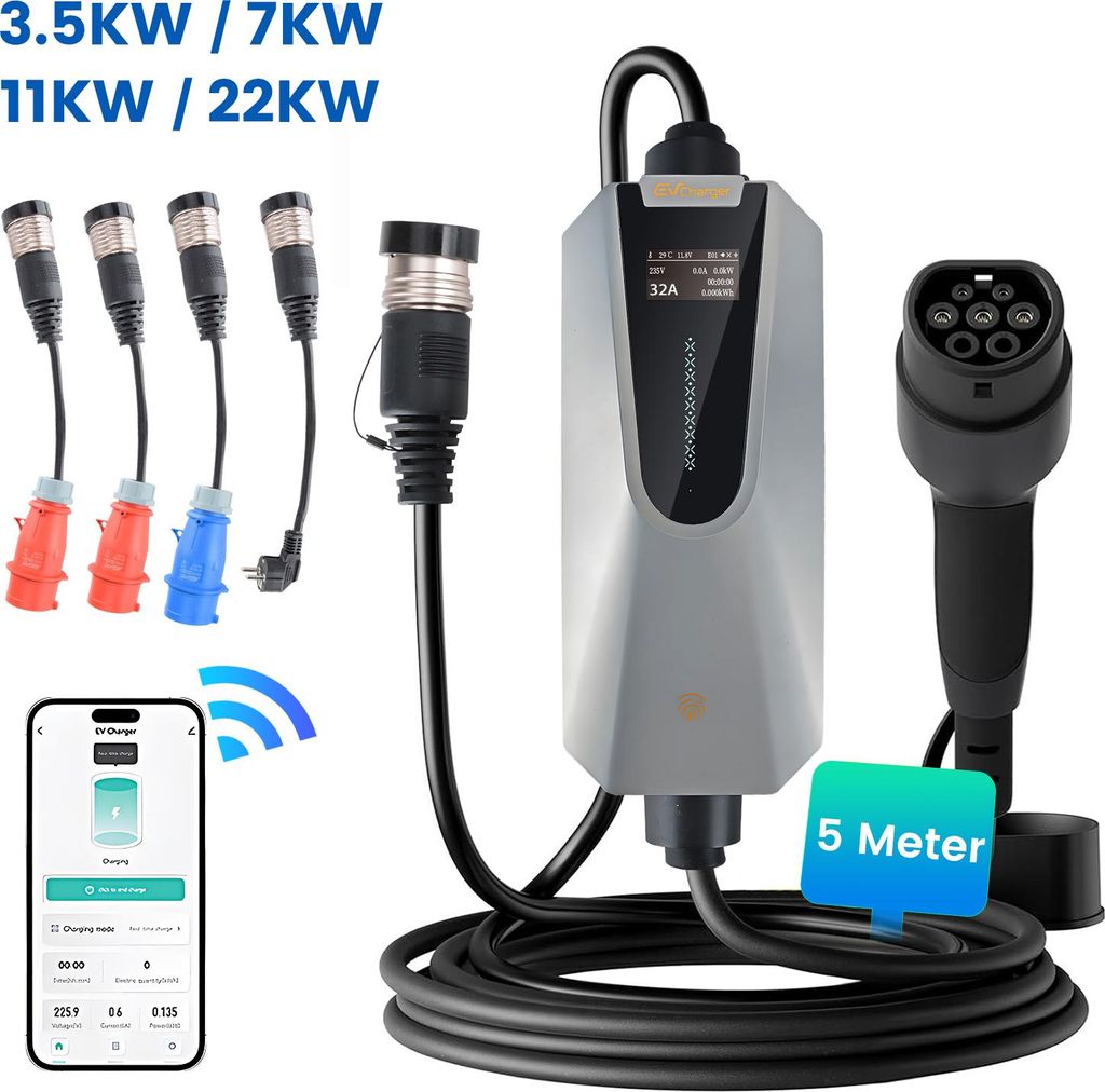 JUNSUN 22KW Mobilná nabíjačka EV s 4 adaptérmi a ovládaním Obrázok produktu 