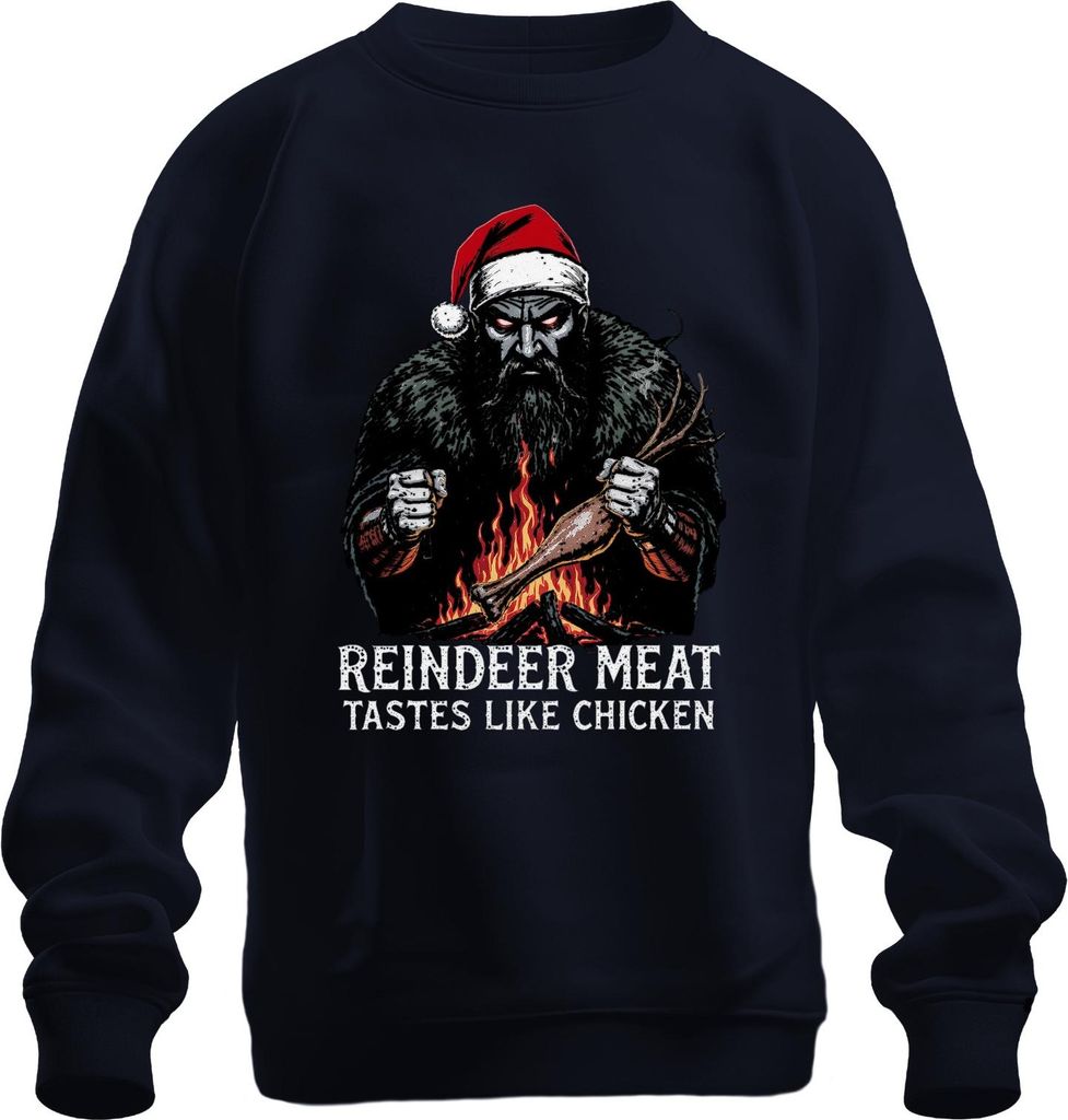 REINDEER MEAT TASTES LIKE CHICKEN Weihnachtsmann düster Vintage Uni Sweatshirt Pullover, Navy, XXL