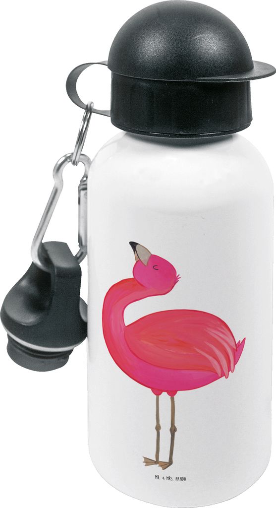 Mr. & Mrs. Panda Getränkeflasche Flamingo Stolz - Weiß - Geschenk, Beste Freundin, Trinkflasche Kinder, Zufrieden, Mama, Kindergarten, Wasserflas...